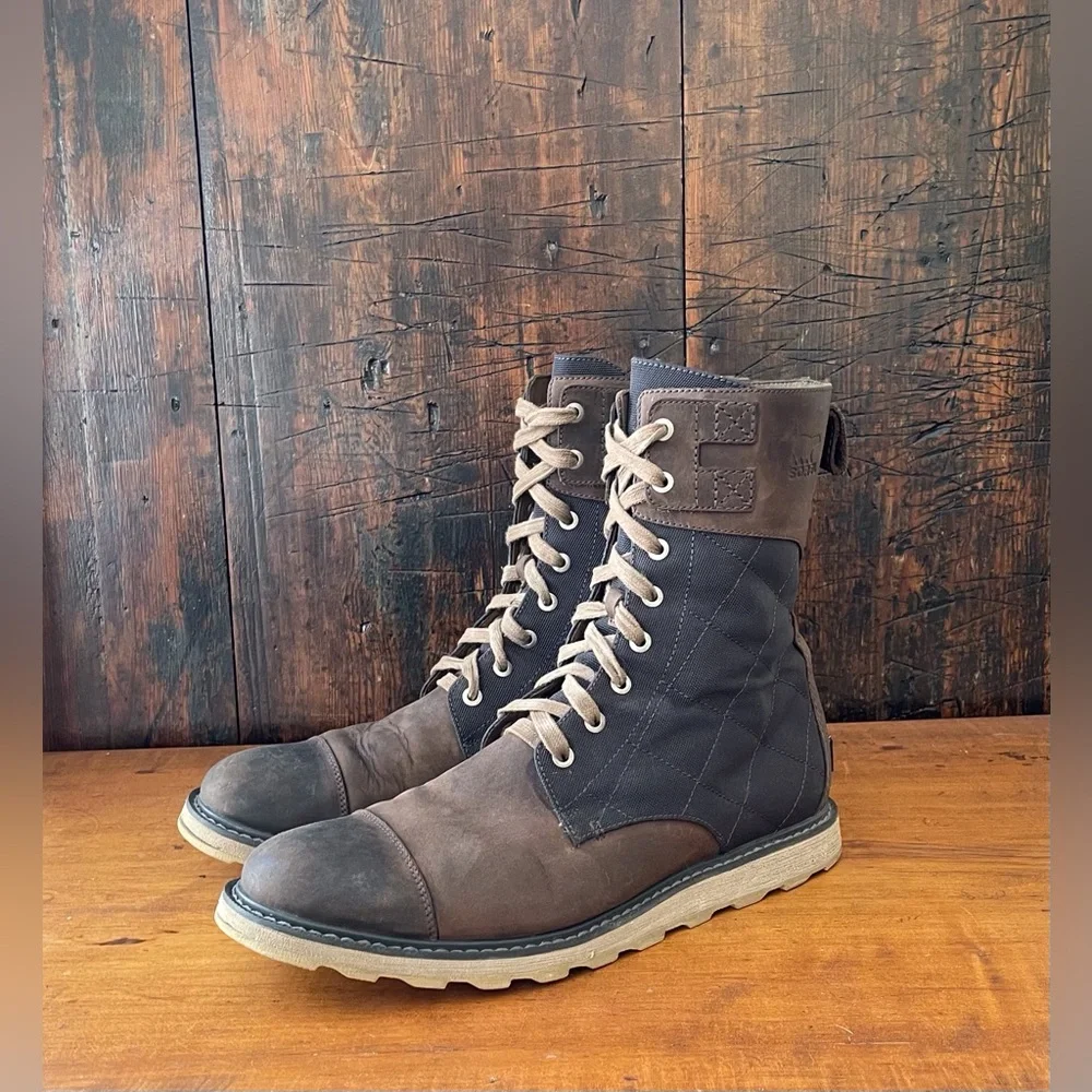 Sorel Madson Tall Lace Boots Brown Leather Dark Canvas Construction Men’s Sz 12 - Picture 9 of 10